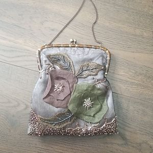 Silk purse with embroidery and beads on chain